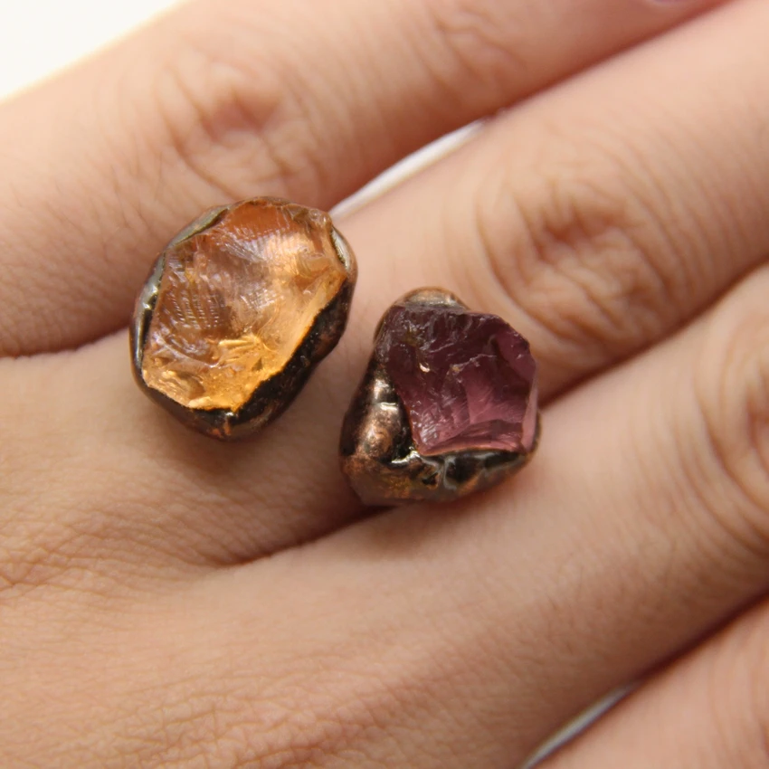 Natural Amethysts And Citrines Antique Brass Rings,Healing Crystal Adjustable Double Stone Finger Rings Women/Man Jewelry Gifts - Image 6