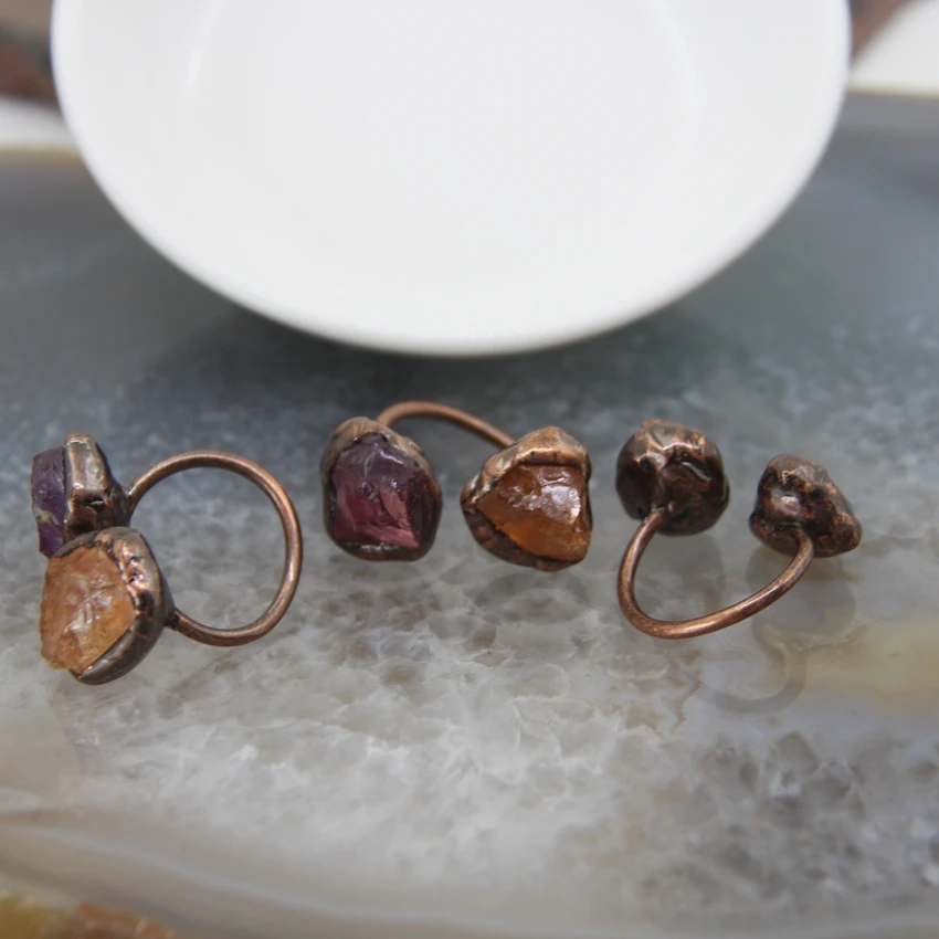 Natural Amethysts And Citrines Antique Brass Rings,Healing Crystal Adjustable Double Stone Finger Rings Women/Man Jewelry Gifts - Image 4