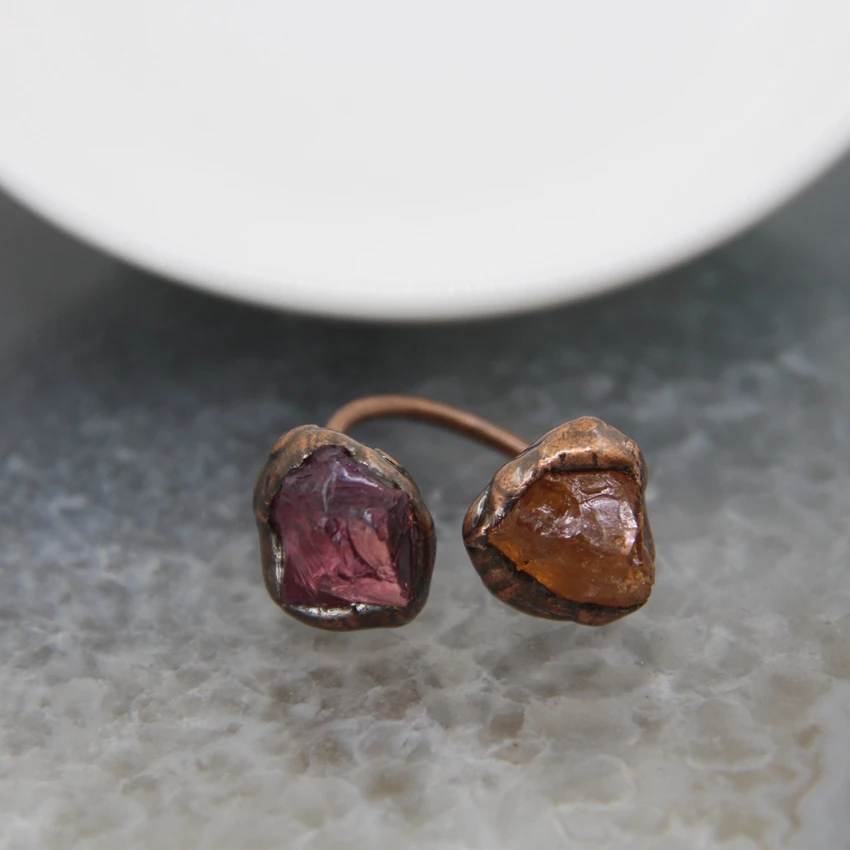 Natural Amethysts And Citrines Antique Brass Rings,Healing Crystal Adjustable Double Stone Finger Rings Women/Man Jewelry Gifts - Image 3