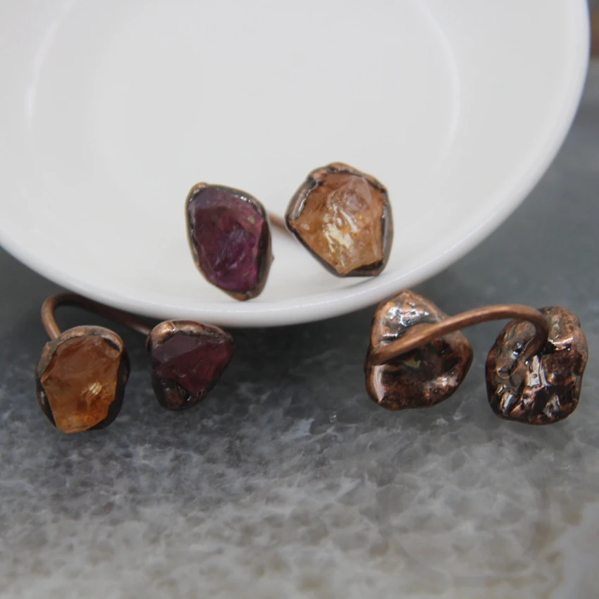 Natural Amethysts And Citrines Antique Brass Rings,Healing Crystal Adjustable Double Stone Finger Rings Women/Man Jewelry Gifts - Image 2