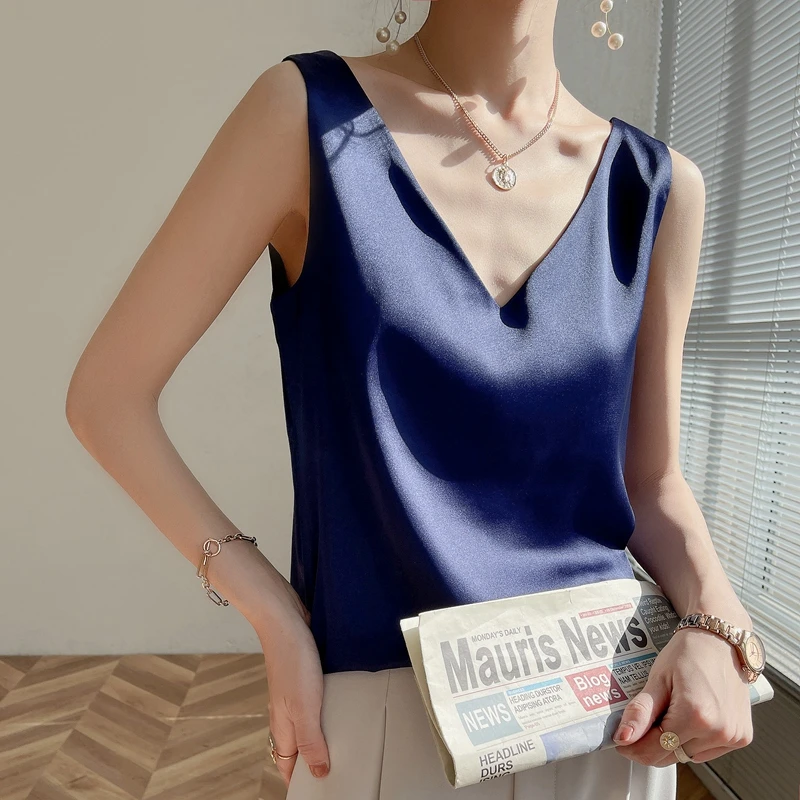 Ladies Silk Suspenders Solid Satin Vest Spring Autumn 2022 New Wild Pullover Tops Women Interior Front/Rear V-Neck Summer Thin - Image 2