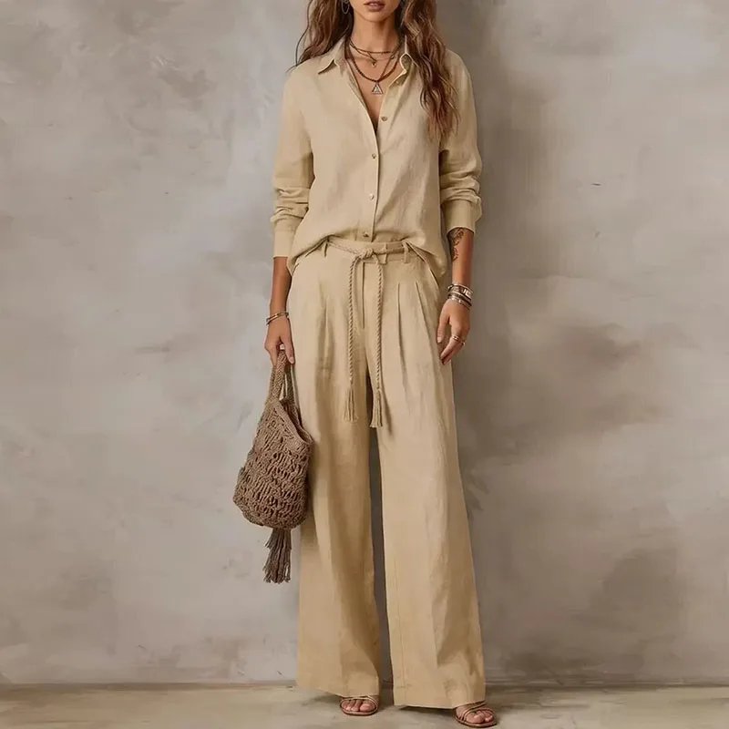 Elegant Women Solid Lapel 2 Piece Outfit Long Sleeve Blouse Braided Drawstring Wide Leg Pants Set Casual Fall Travel Beach Suits - Image 3