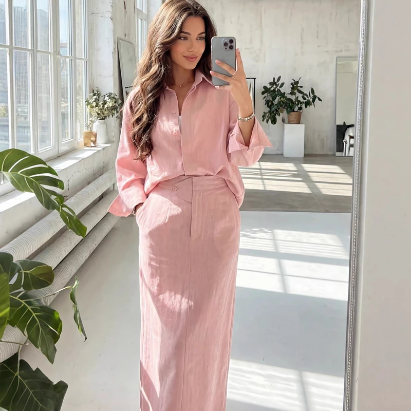 Elegant Women 2-Piece Set Modest Oversized Button-Down Shirt + High Waist Maxi Skirt Casual Chic Co-ord Outfit for Spring - Image 14