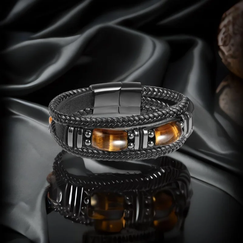 Tiger Eye Black Leather Bracelet Men Natural Gemstone Crystal Stone Jewelry Handmade Courage Stress Relief Protection Bracelet - Image 5