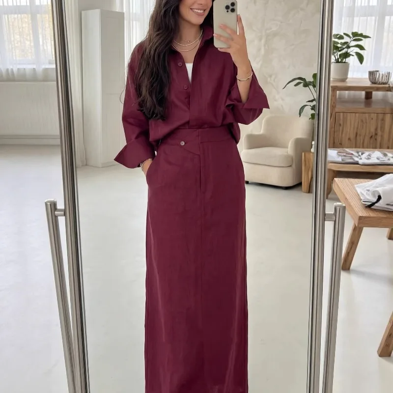 Elegant Women 2-Piece Set Modest Oversized Button-Down Shirt + High Waist Maxi Skirt Casual Chic Co-ord Outfit for Spring - Image 10