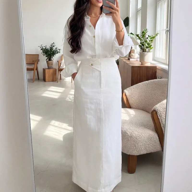 Elegant Women 2-Piece Set Modest Oversized Button-Down Shirt + High Waist Maxi Skirt Casual Chic Co-ord Outfit for Spring - Image 4