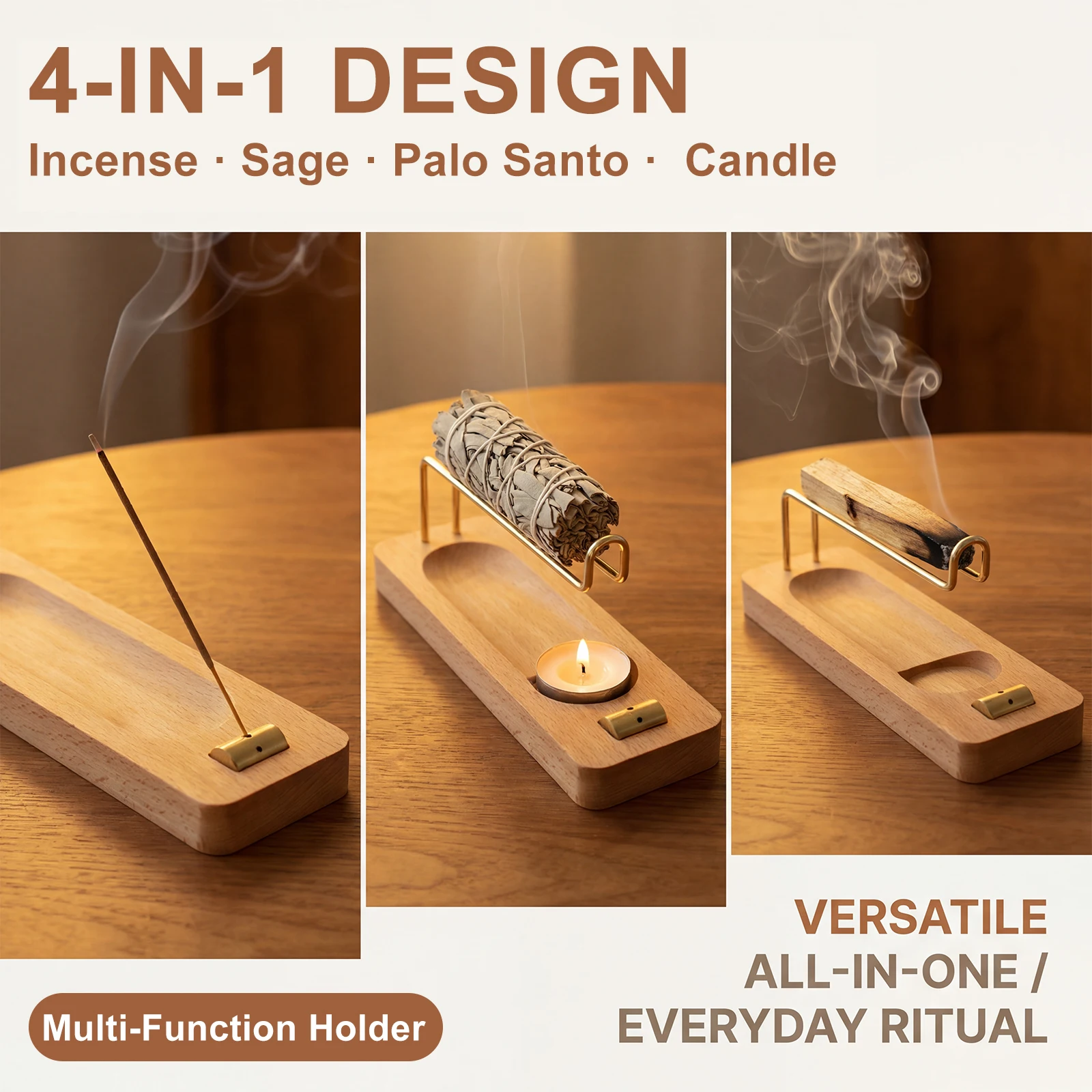 Incense Stick Holder Wooden Incense Burner Holder 4 in 1 Multi-purpose Sage Holder for Home Office Burning Palo Santo Sage Stick - Image 3