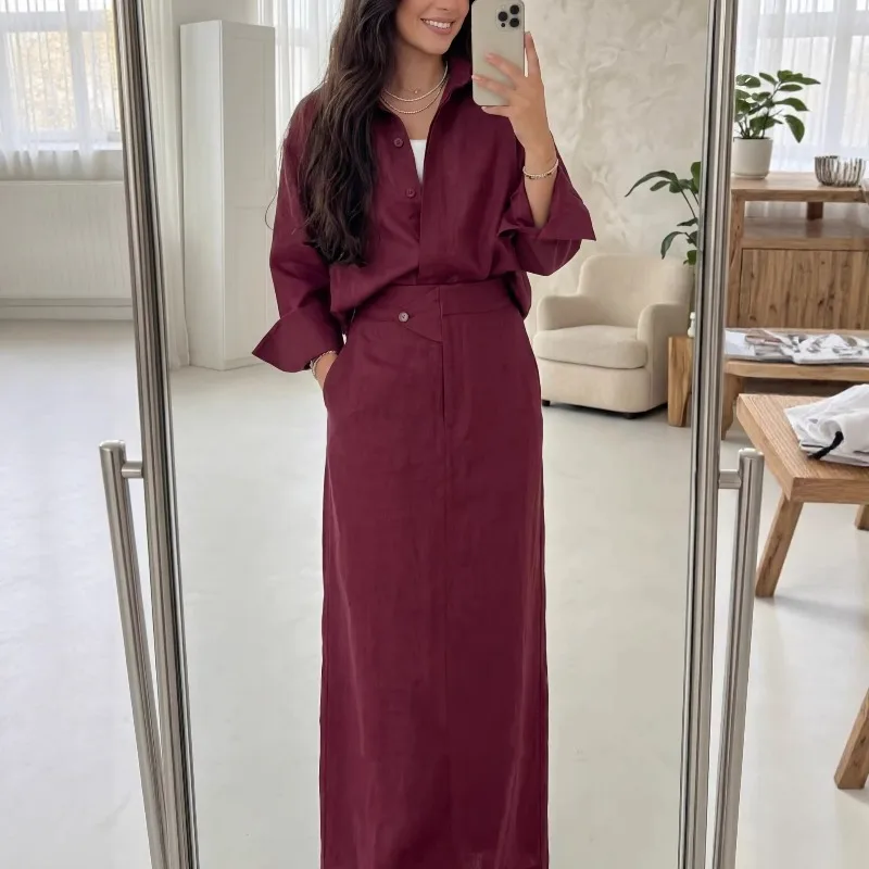 Elegant Women 2-Piece Set Modest Oversized Button-Down Shirt + High Waist Maxi Skirt Casual Chic Co-ord Outfit for Spring - Image 5