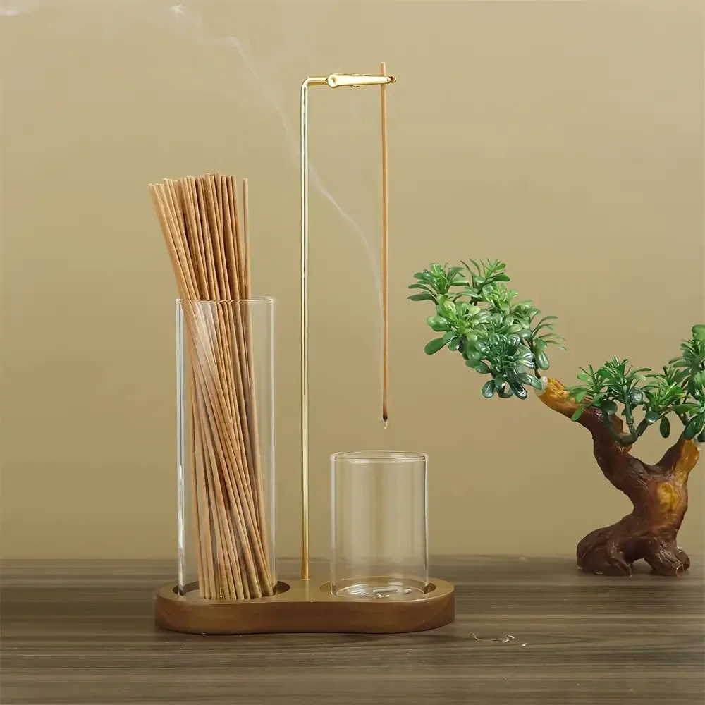 Incense Stick Burner With Stand Glass Holder Wooden Tray For Home Decor Yoga Meditation Aromatherapy Gift Catcher Base - Image 3