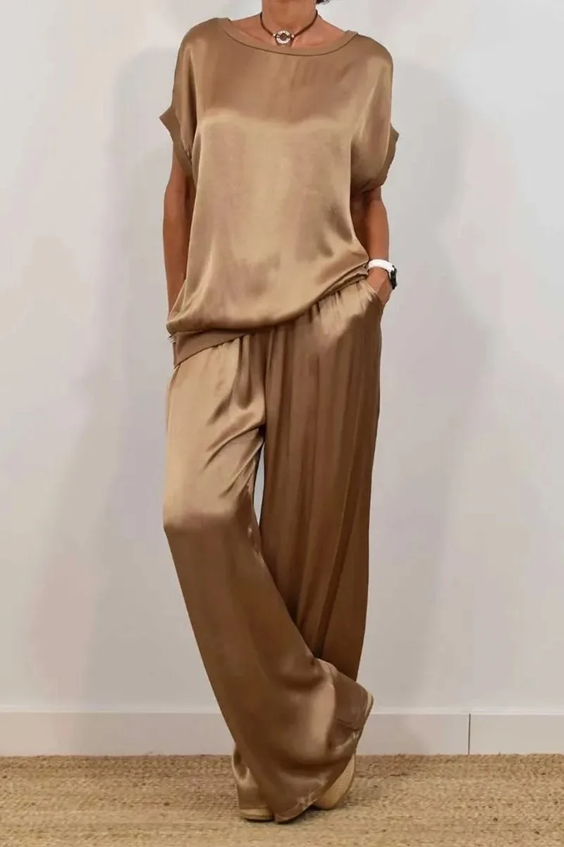 Summer Satin Two Piece Sets For Women V Neck Bat Sleeve Top Casual Loose Lace Up Wide-leg Pants 2 Piece Suit Female Home Outfits - Image 5