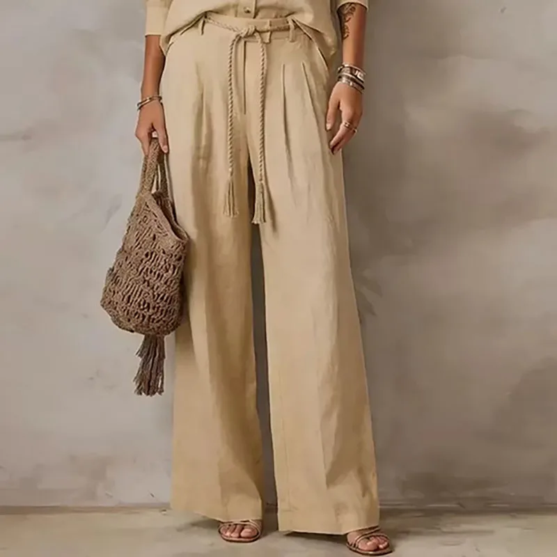 Elegant Women Solid Lapel 2 Piece Outfit Long Sleeve Blouse Braided Drawstring Wide Leg Pants Set Casual Fall Travel Beach Suits - Image 5