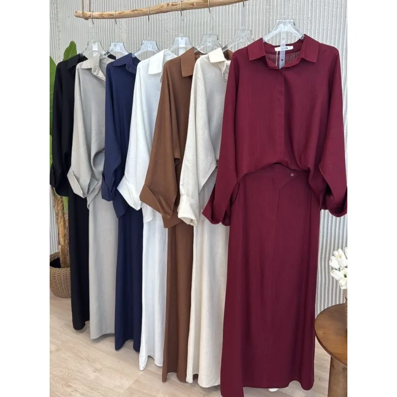 Elegant Women 2-Piece Set Modest Oversized Button-Down Shirt + High Waist Maxi Skirt Casual Chic Co-ord Outfit for Spring - Image 2