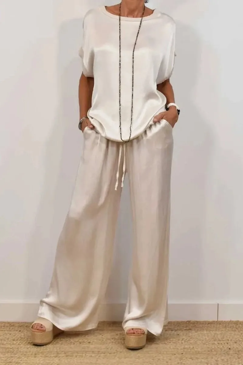Summer Satin Two Piece Sets For Women V Neck Bat Sleeve Top Casual Loose Lace Up Wide-leg Pants 2 Piece Suit Female Home Outfits - Image 7