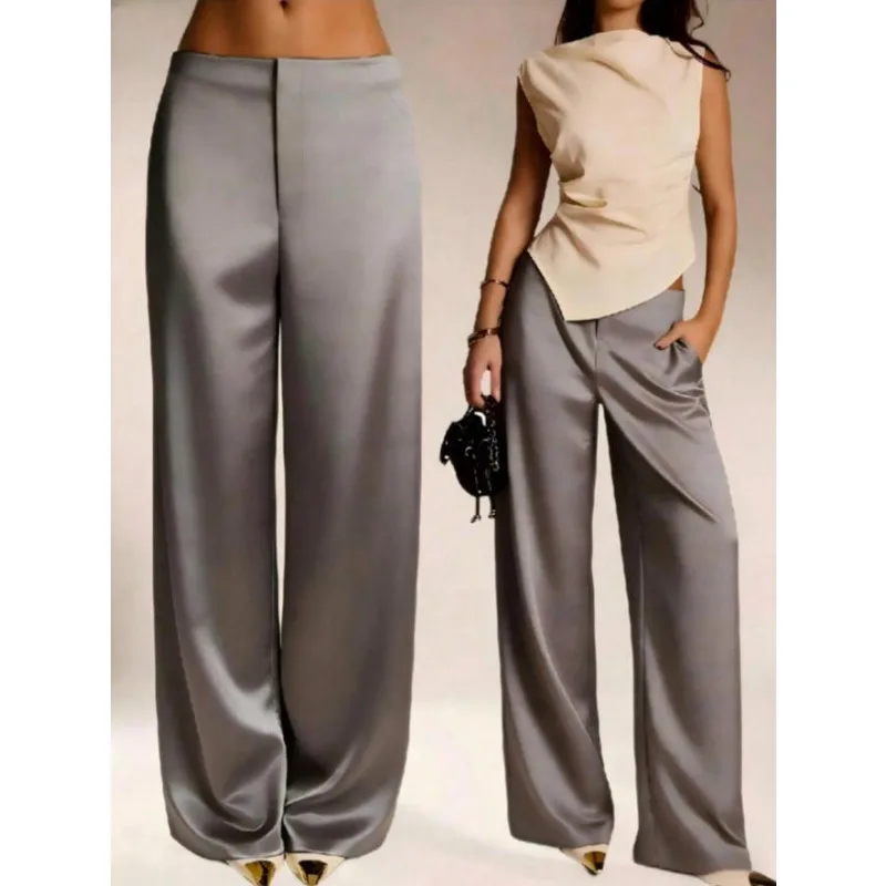 2026 Summer New Women Satin Wide Leg Pants Europe America Fashion High Waist Elegant Office Casual Trousers Y2k Streetwear Women - Image 5