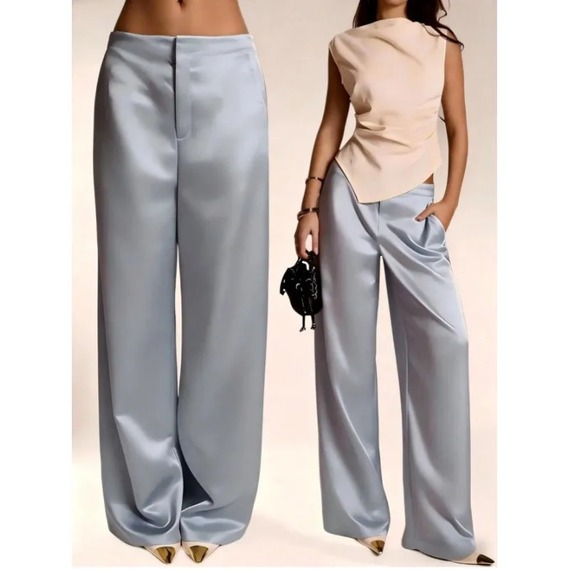 2026 Summer New Women Satin Wide Leg Pants Europe America Fashion High Waist Elegant Office Casual Trousers Y2k Streetwear Women - Image 2