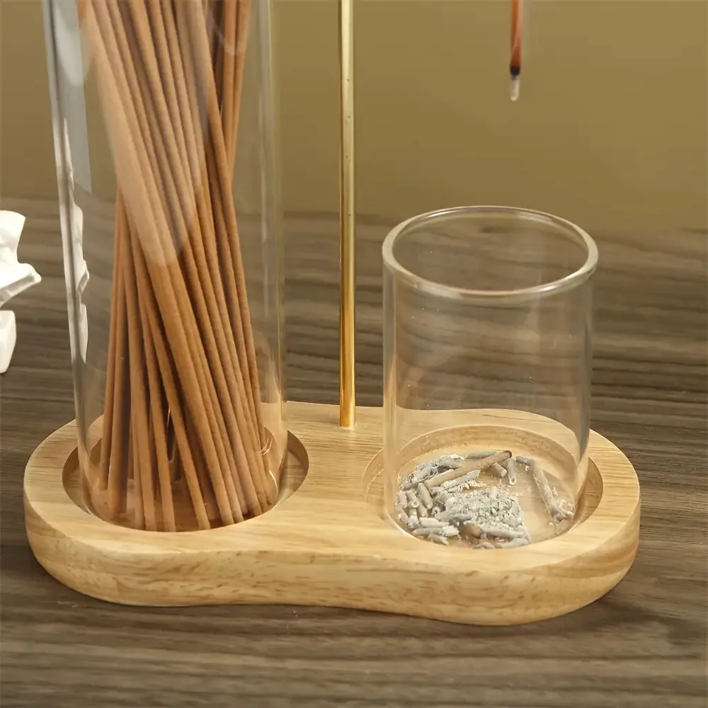 Incense Stick Burner With Stand Glass Holder Wooden Tray For Home Decor Yoga Meditation Aromatherapy Gift Catcher Base - Image 2