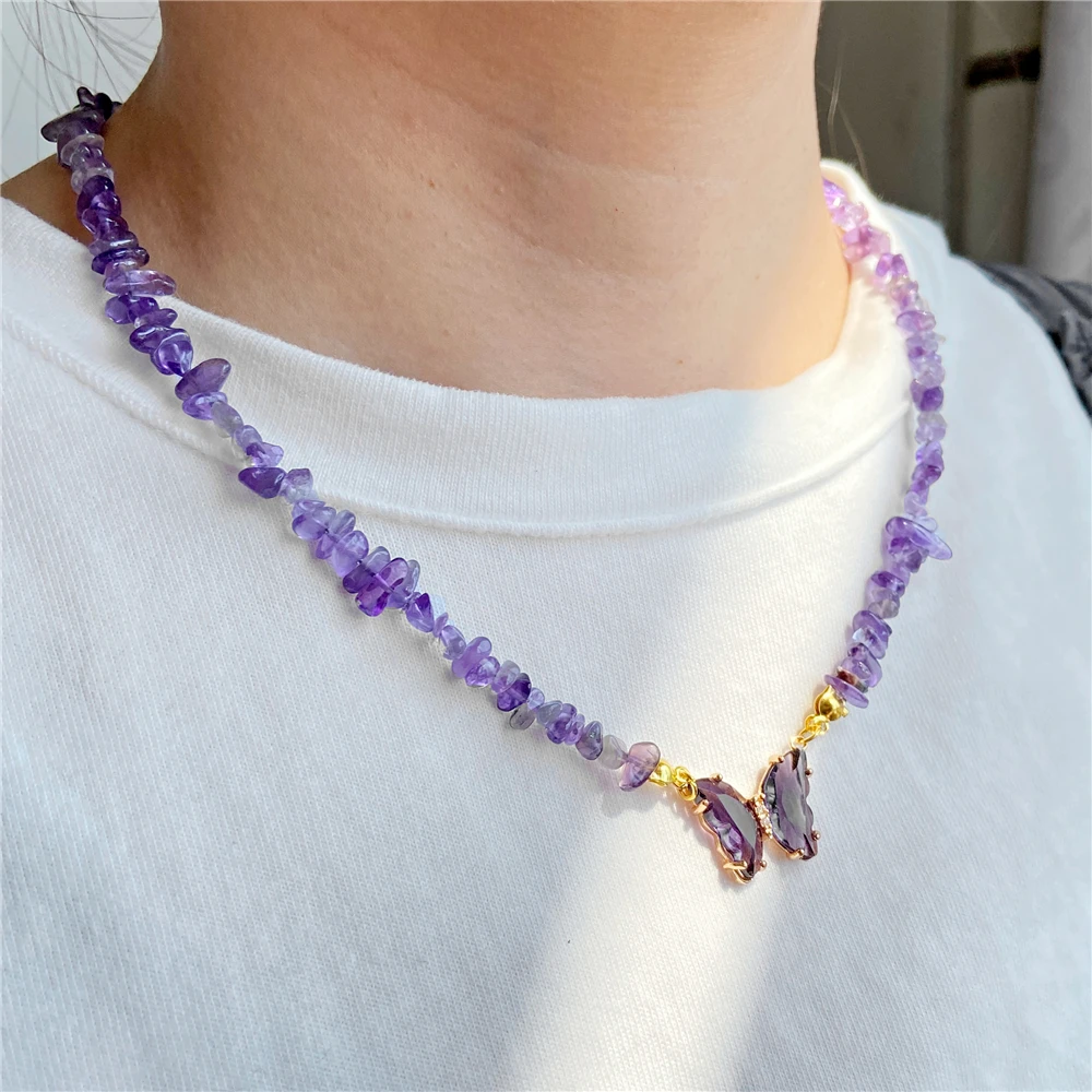 Trendy Butterfly Crystal Necklace Natural Purple Amethysts Quartzs Crystal Chip Stone Necklace Jewelry Gift For Women Couple - Image 6