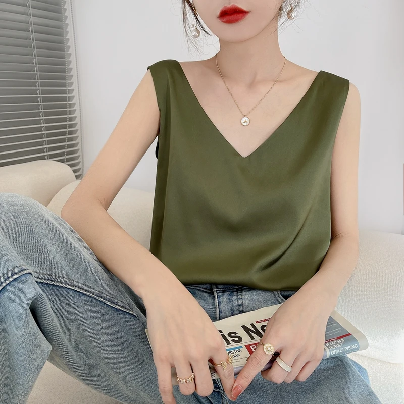 Ladies Silk Suspenders Solid Satin Vest Spring Autumn 2022 New Wild Pullover Tops Women Interior Front/Rear V-Neck Summer Thin - Image 3