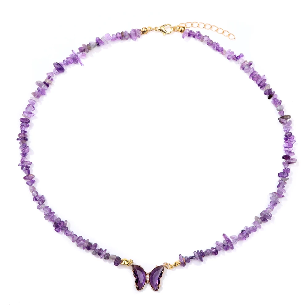 Trendy Butterfly Crystal Necklace Natural Purple Amethysts Quartzs Crystal Chip Stone Necklace Jewelry Gift For Women Couple - Image 12