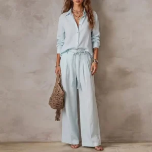 Elegant Women Solid Lapel 2 Piece Outfit Long Sleeve Blouse Braided Drawstring Wide Leg Pants Set Casual Fall Travel Beach Suits