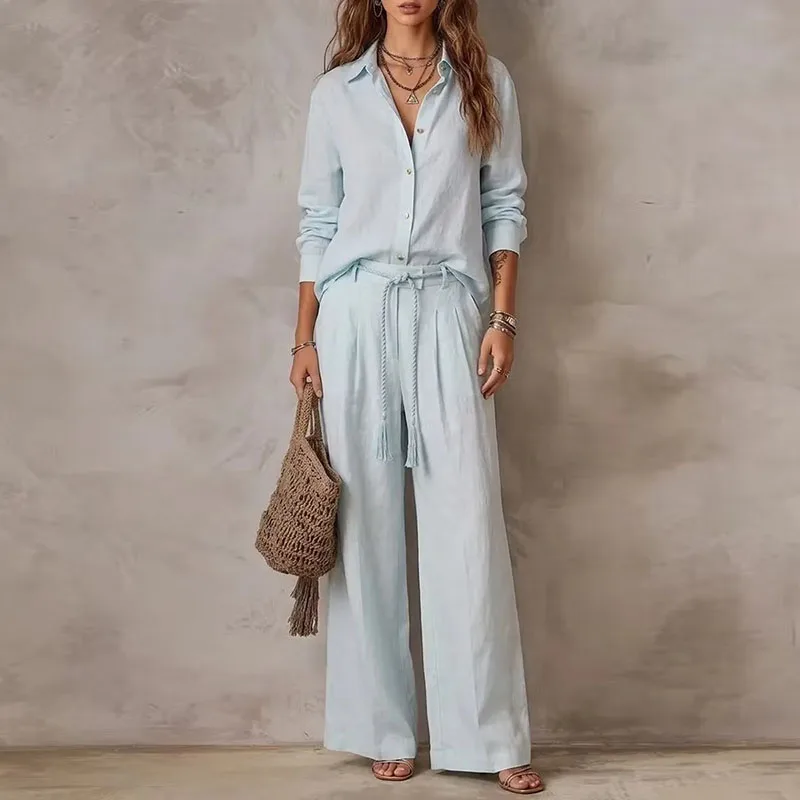 Elegant Women Solid Lapel 2 Piece Outfit Long Sleeve Blouse Braided Drawstring Wide Leg Pants Set Casual Fall Travel Beach Suits