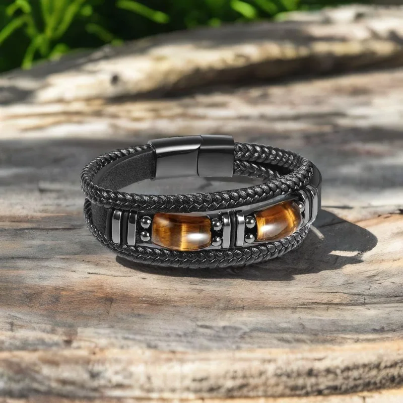 Tiger Eye Black Leather Bracelet Men Natural Gemstone Crystal Stone Jewelry Handmade Courage Stress Relief Protection Bracelet - Image 3