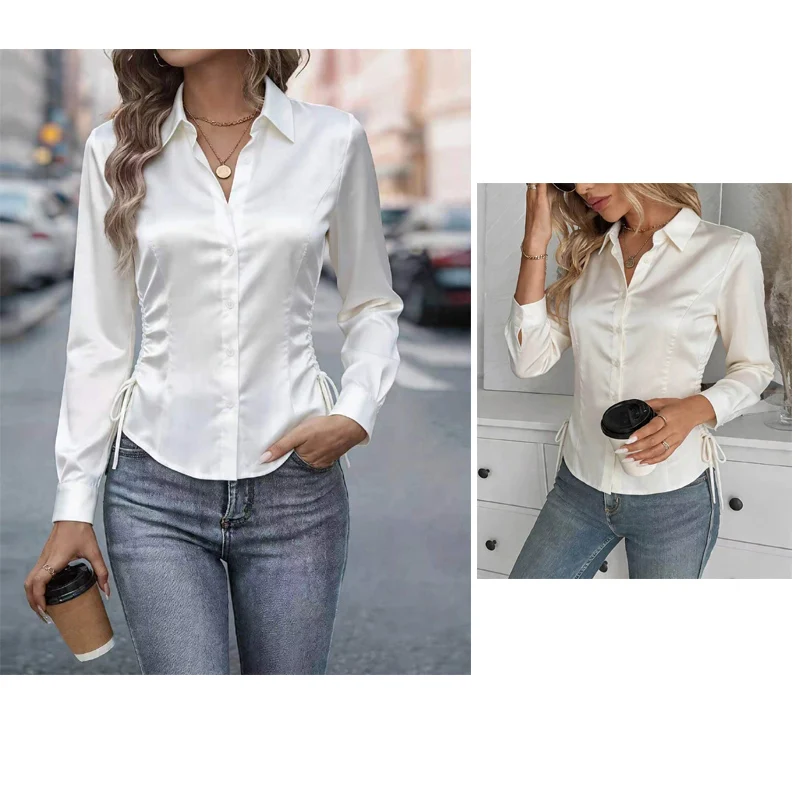 Women Satin Blouse Long Sleeve Turn Down Collar Side Drawstring Ruched Slim Fit Office Casual White Formal Shirt Elegant - Image 4