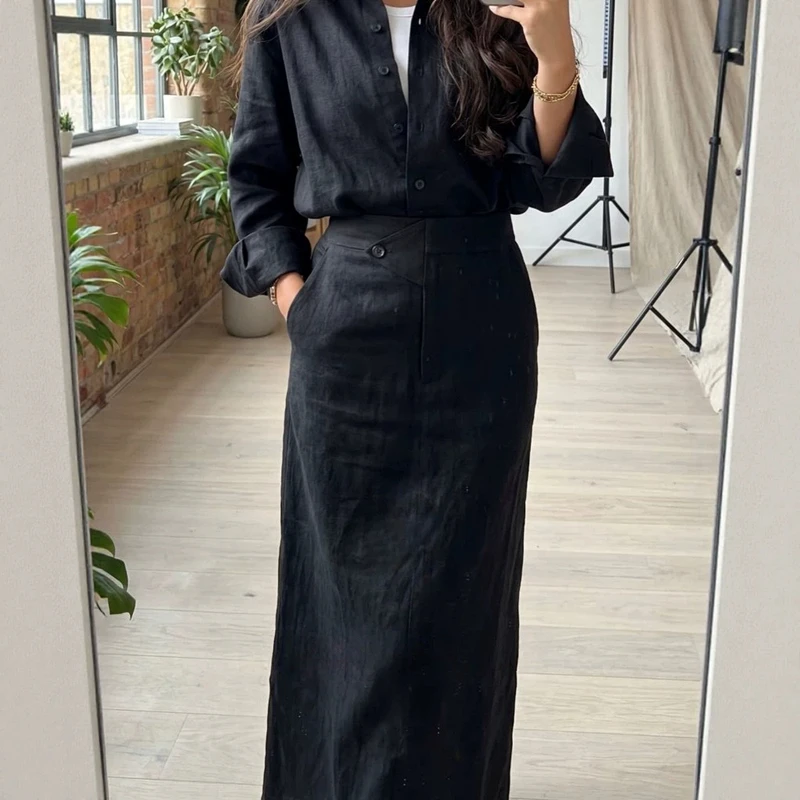 Elegant Women 2-Piece Set Modest Oversized Button-Down Shirt + High Waist Maxi Skirt Casual Chic Co-ord Outfit for Spring - Image 8