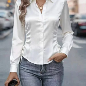 Women Satin Blouse Long Sleeve Turn Down Collar Side Drawstring Ruched Slim Fit Office Casual White Formal Shirt Elegant