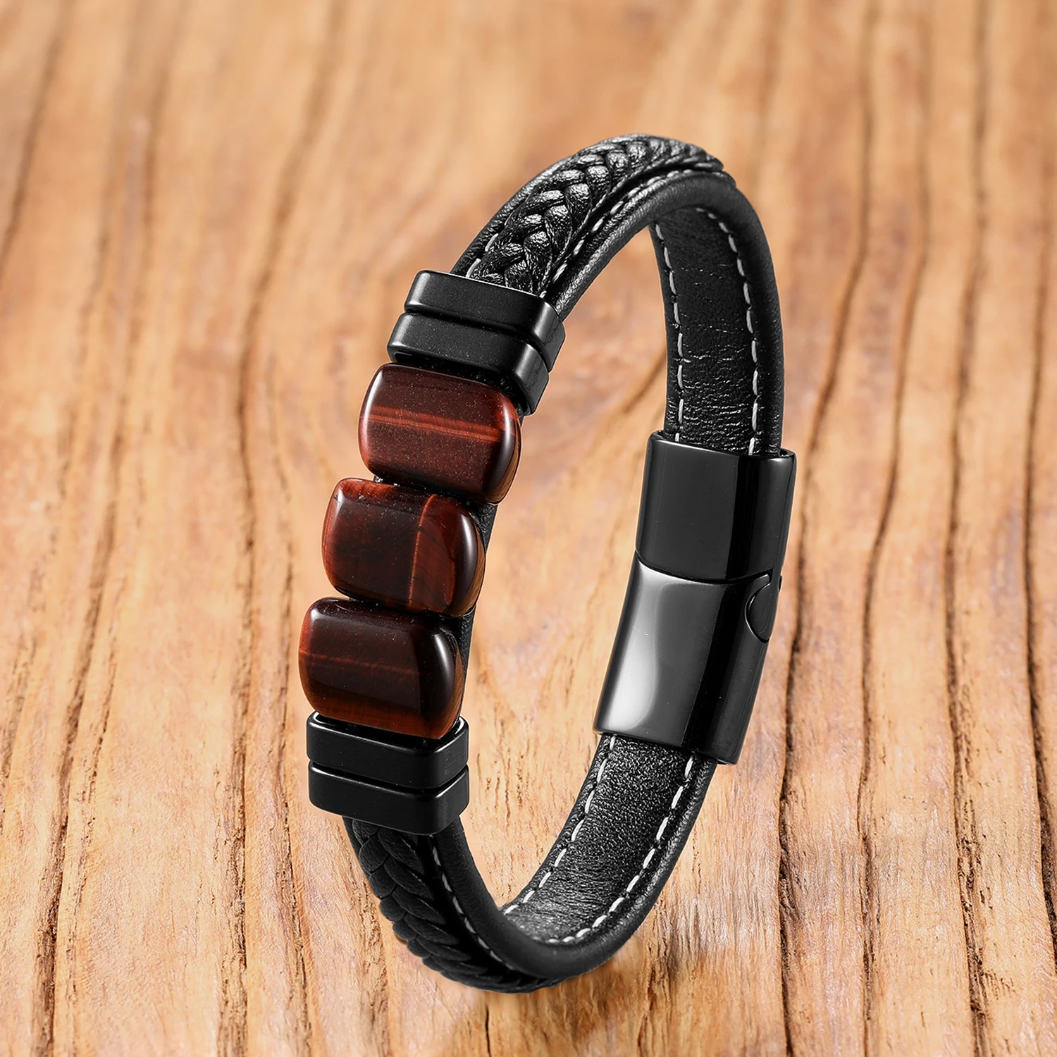Tiger Eye Healing Bracelet, Natural Stone with Braided Leather Cord & Stainless Steel Clasp, Chakra Balancing Energy Jewelry - Image 2