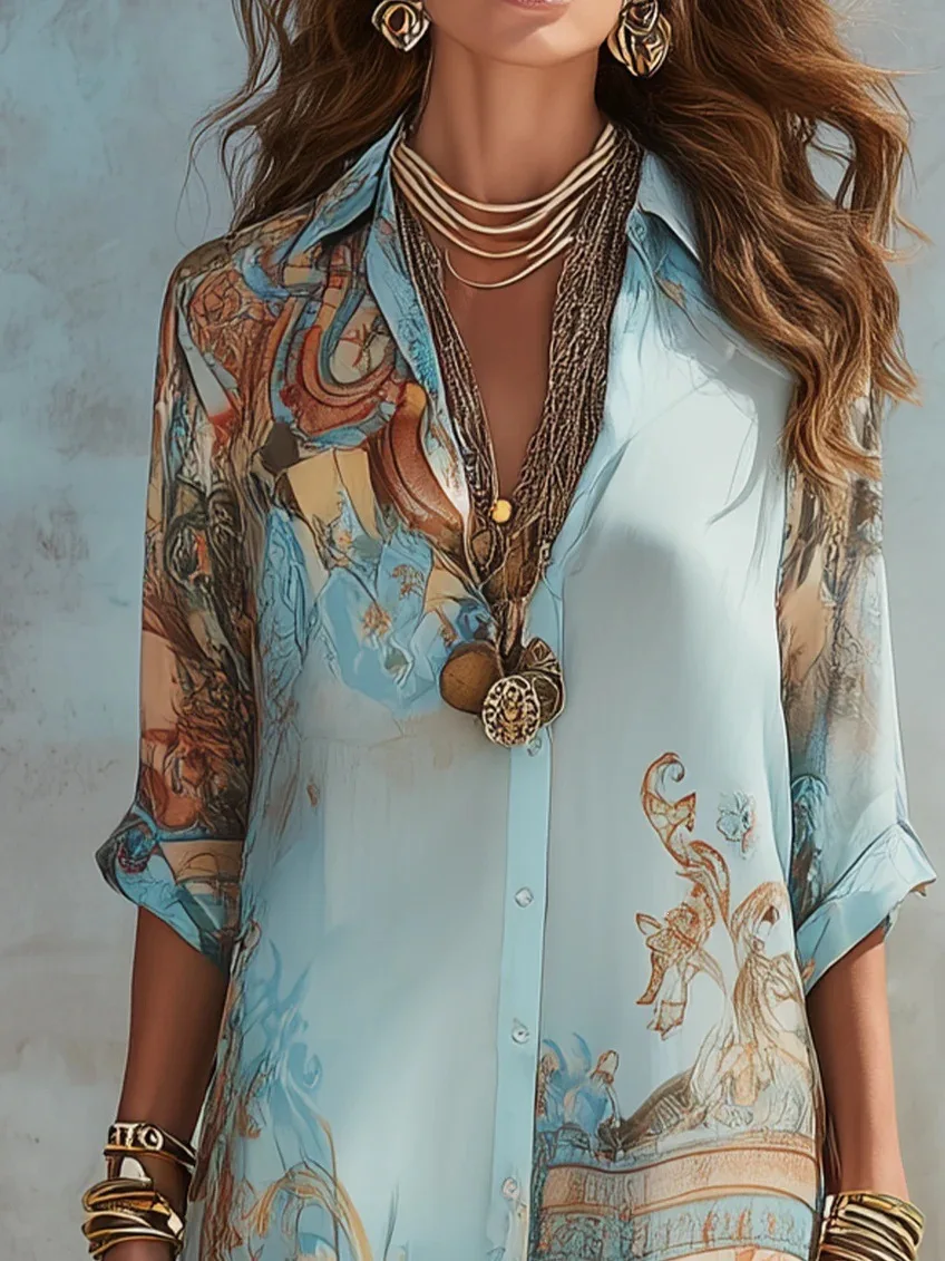 Elegant Shirt Dress for Women Chiffon Digital Print Turndown Collar Single-breasted Dresses Flowy Casual Boho Summer Clothing - Image 4
