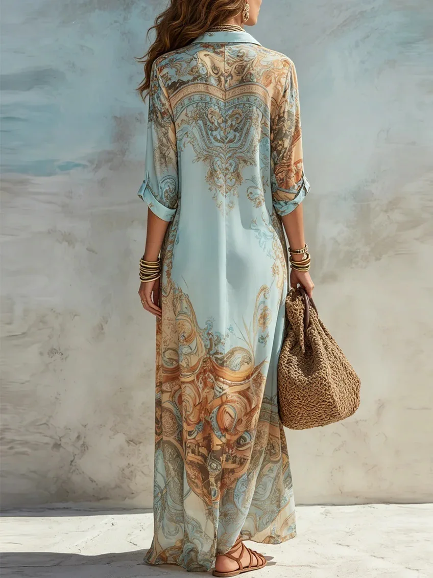 Elegant Shirt Dress for Women Chiffon Digital Print Turndown Collar Single-breasted Dresses Flowy Casual Boho Summer Clothing - Image 2