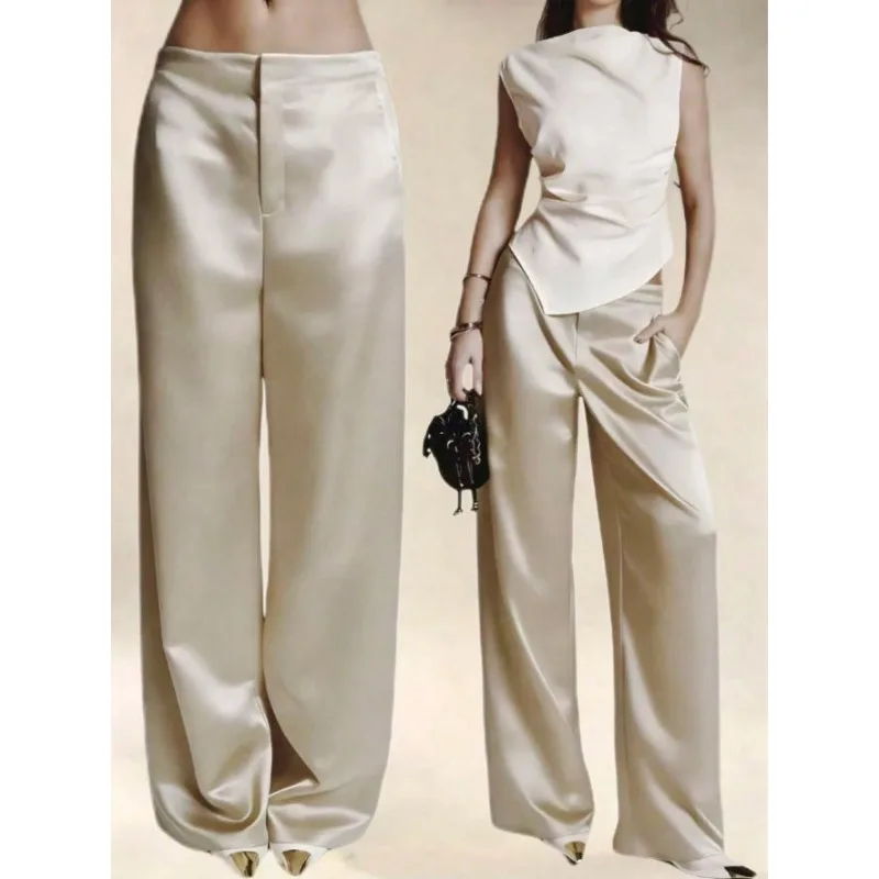 2026 Summer New Women Satin Wide Leg Pants Europe America Fashion High Waist Elegant Office Casual Trousers Y2k Streetwear Women - Image 4