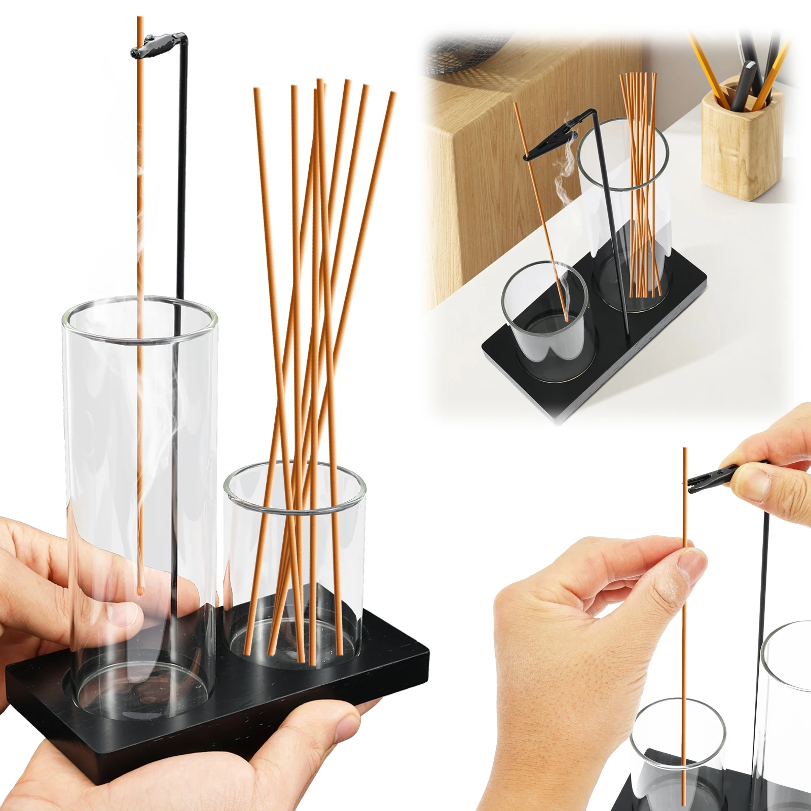 2 In 1 Incense Holder for Stick Double Cup Glass Vertical Incense Holder with Ash Catcher for Temple Bedroom Tea Room Studies