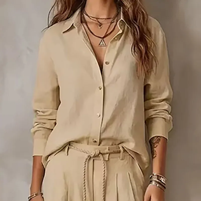 Elegant Women Solid Lapel 2 Piece Outfit Long Sleeve Blouse Braided Drawstring Wide Leg Pants Set Casual Fall Travel Beach Suits - Image 4