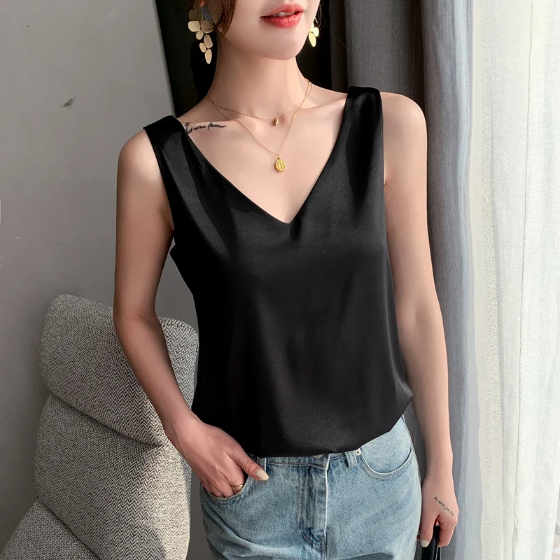 Ladies Silk Suspenders Solid Satin Vest Spring Autumn 2022 New Wild Pullover Tops Women Interior Front/Rear V-Neck Summer Thin - Image 4