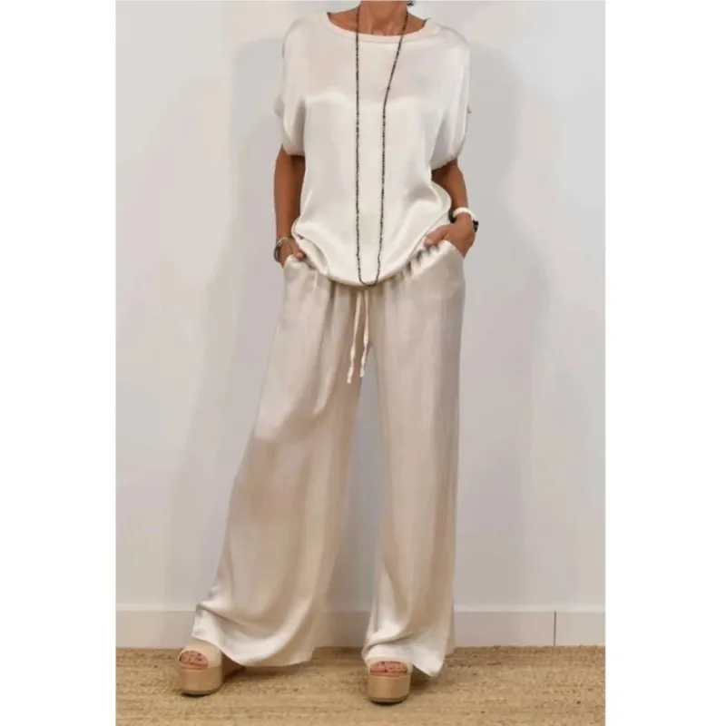 Summer Satin Two Piece Sets For Women V Neck Bat Sleeve Top Casual Loose Lace Up Wide-leg Pants 2 Piece Suit Female Home Outfits - Image 2