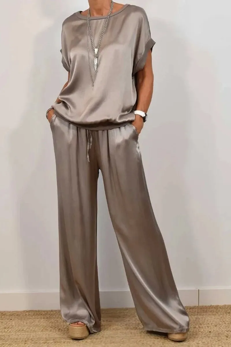 Summer Satin Two Piece Sets For Women V Neck Bat Sleeve Top Casual Loose Lace Up Wide-leg Pants 2 Piece Suit Female Home Outfits - Image 8