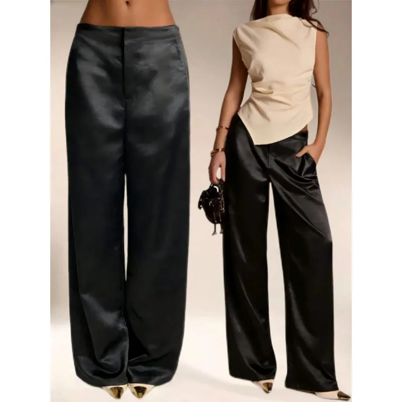 2026 Summer New Women Satin Wide Leg Pants Europe America Fashion High Waist Elegant Office Casual Trousers Y2k Streetwear Women - Image 3