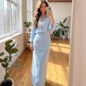 Elegant Women 2-Piece Set Modest Oversized Button-Down Shirt + High Waist Maxi Skirt Casual Chic Co-ord Outfit for Spring