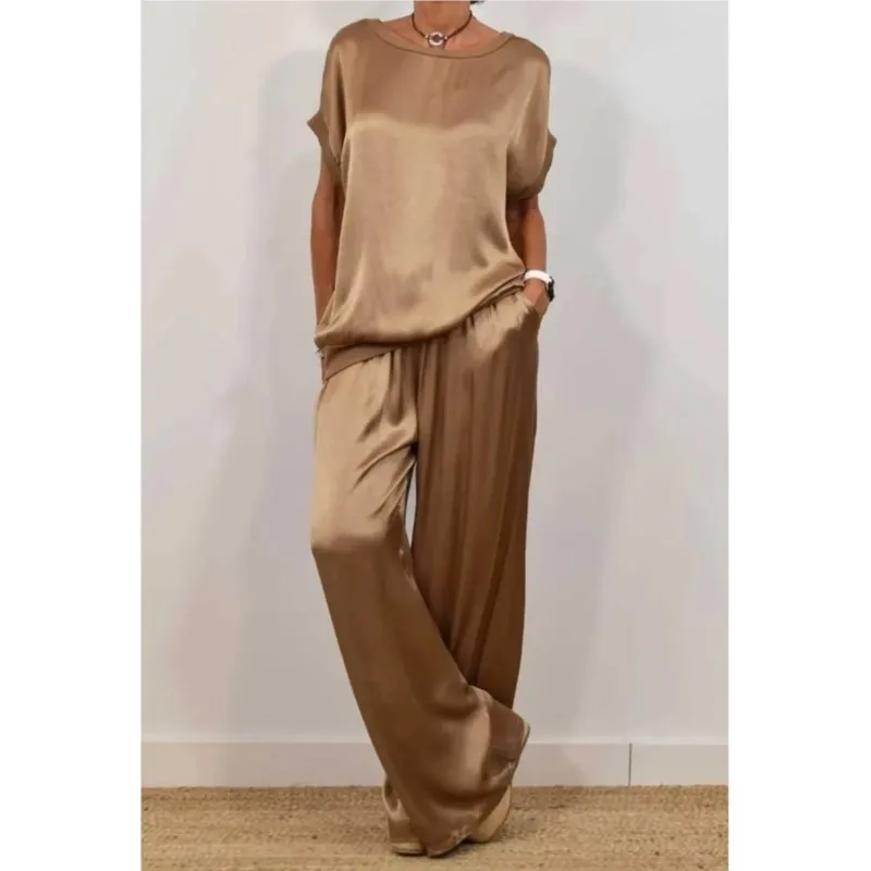 Summer Satin Two Piece Sets For Women V Neck Bat Sleeve Top Casual Loose Lace Up Wide-leg Pants 2 Piece Suit Female Home Outfits - Image 3