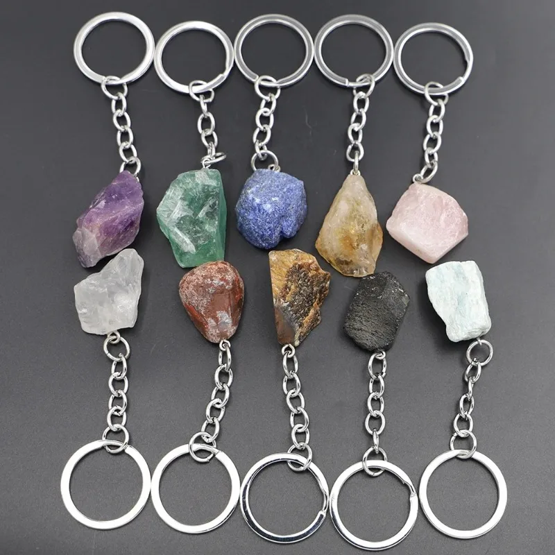 1-2cm Natural Raw Ore Keychain Gem Quartz Fluorite Citrine Amethyst Irregular Stone Pendants Charms Jewelry Making Accessorie