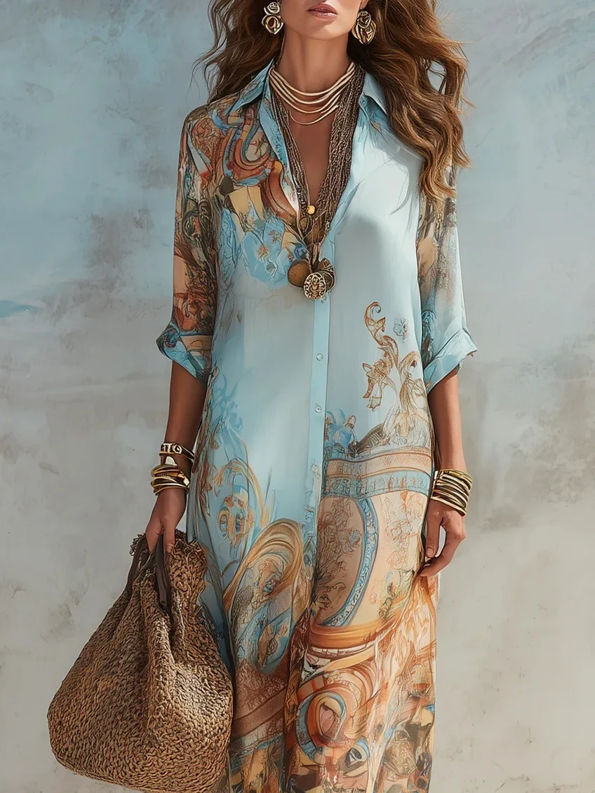 Elegant Shirt Dress for Women Chiffon Digital Print Turndown Collar Single-breasted Dresses Flowy Casual Boho Summer Clothing - Image 5