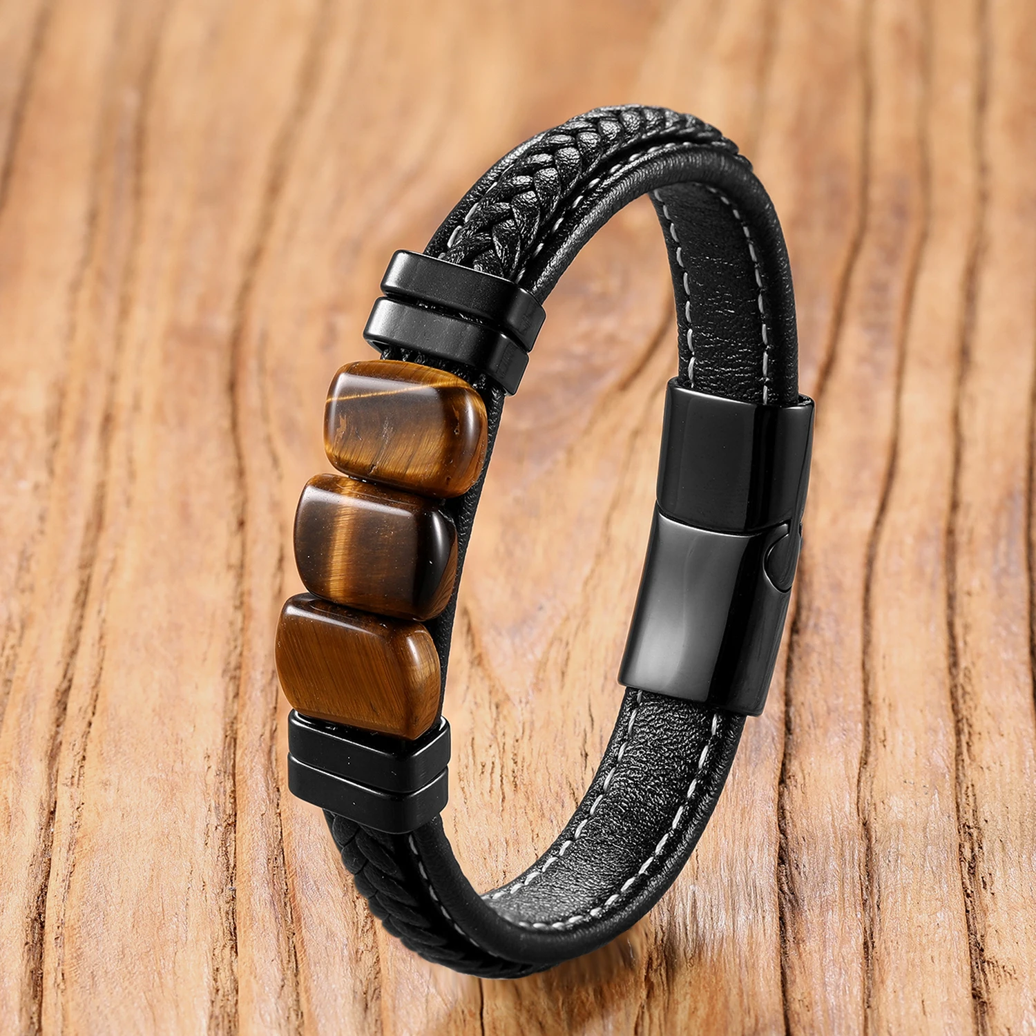 Tiger Eye Healing Bracelet, Natural Stone with Braided Leather Cord & Stainless Steel Clasp, Chakra Balancing Energy Jewelry - Image 3