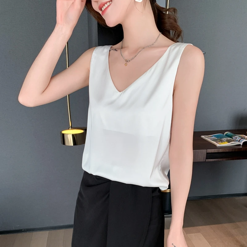 Ladies Silk Suspenders Solid Satin Vest Spring Autumn 2022 New Wild Pullover Tops Women Interior Front/Rear V-Neck Summer Thin - Image 5