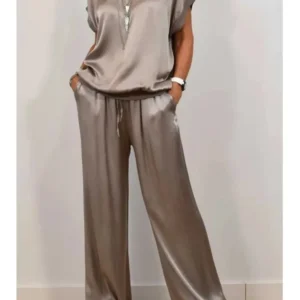 Summer Satin Two Piece Sets For Women V Neck Bat Sleeve Top Casual Loose Lace Up Wide-leg Pants 2 Piece Suit Female Home Outfits