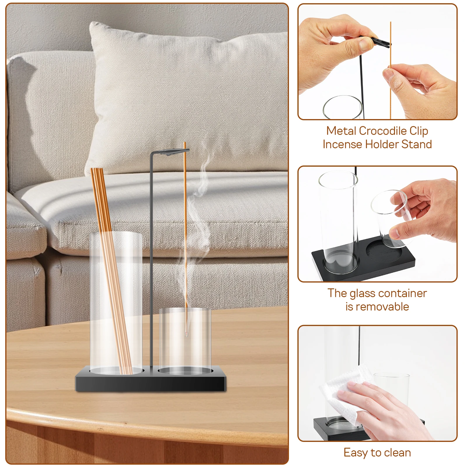 2 In 1 Incense Holder for Stick Double Cup Glass Vertical Incense Holder with Ash Catcher for Temple Bedroom Tea Room Studies - Image 5