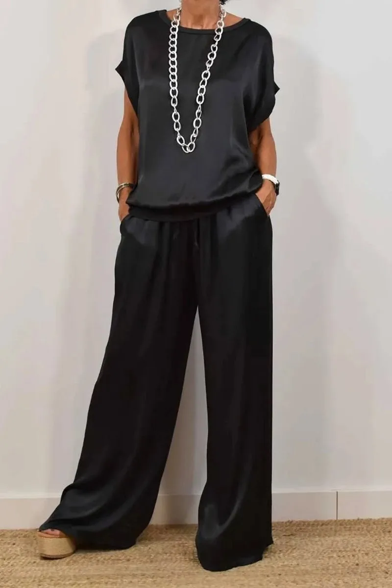 Summer Satin Two Piece Sets For Women V Neck Bat Sleeve Top Casual Loose Lace Up Wide-leg Pants 2 Piece Suit Female Home Outfits - Image 6