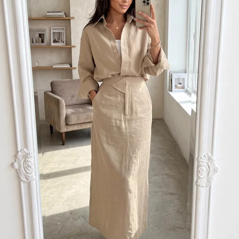 Elegant Women 2-Piece Set Modest Oversized Button-Down Shirt + High Waist Maxi Skirt Casual Chic Co-ord Outfit for Spring - Image 6