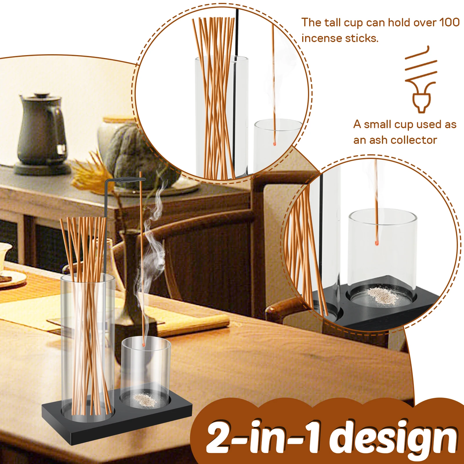2 In 1 Incense Holder for Stick Double Cup Glass Vertical Incense Holder with Ash Catcher for Temple Bedroom Tea Room Studies - Image 4